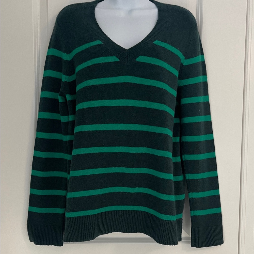 LOFT Two Tone Green Striped V-Neck Sweater
